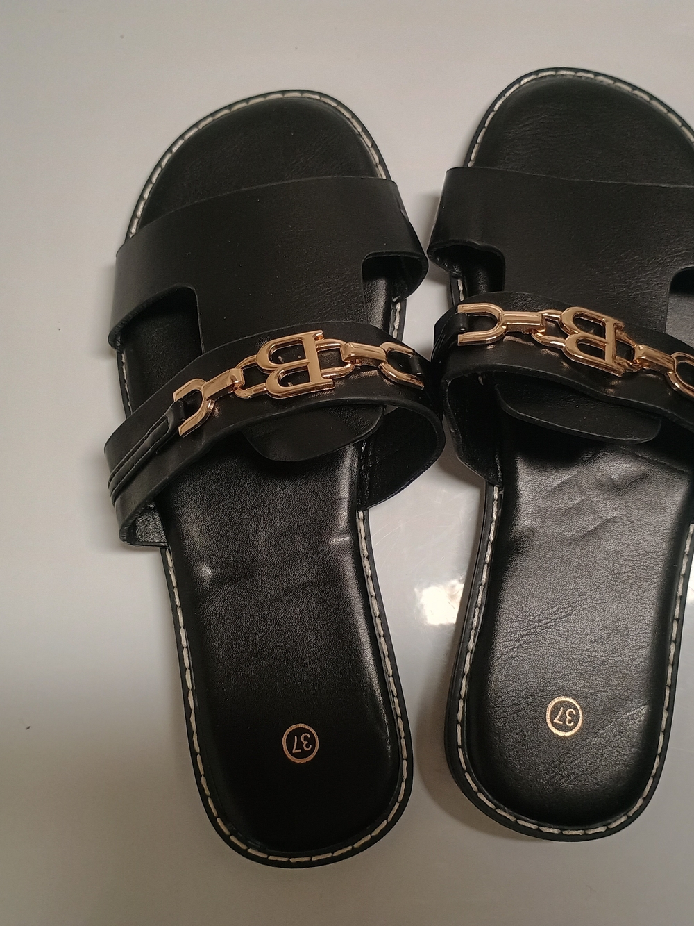 Black Slide Sandals with Gold Chain Accent